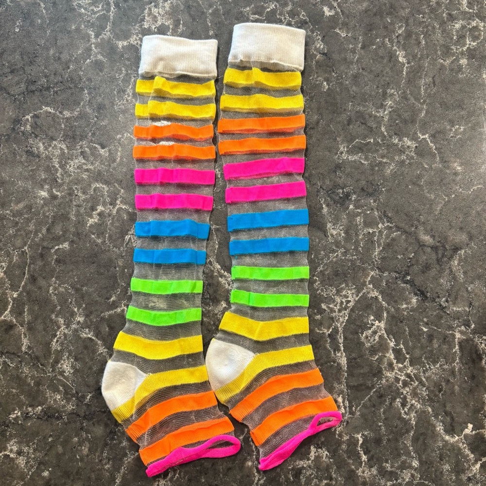 Clown costume accessories. Pink suspenders, colorful socks & colorful bow tie